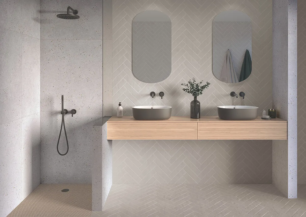テラゾー調輸入タイル 床タイル floortile バスルーム施工イメージ